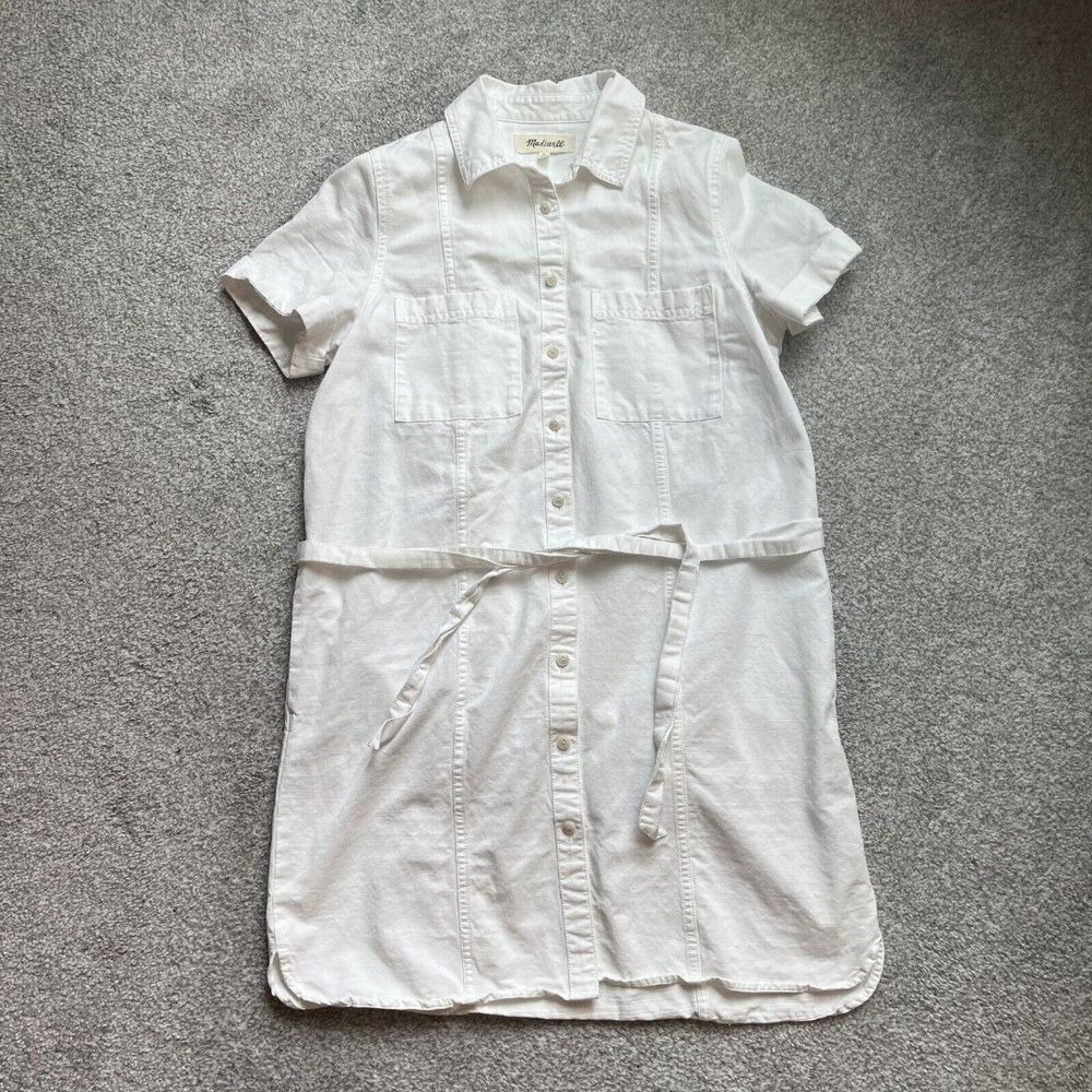 Madewell Denim Seamed Courier Tie-Waist Shirtdress‎ Short Sleeve White W Small